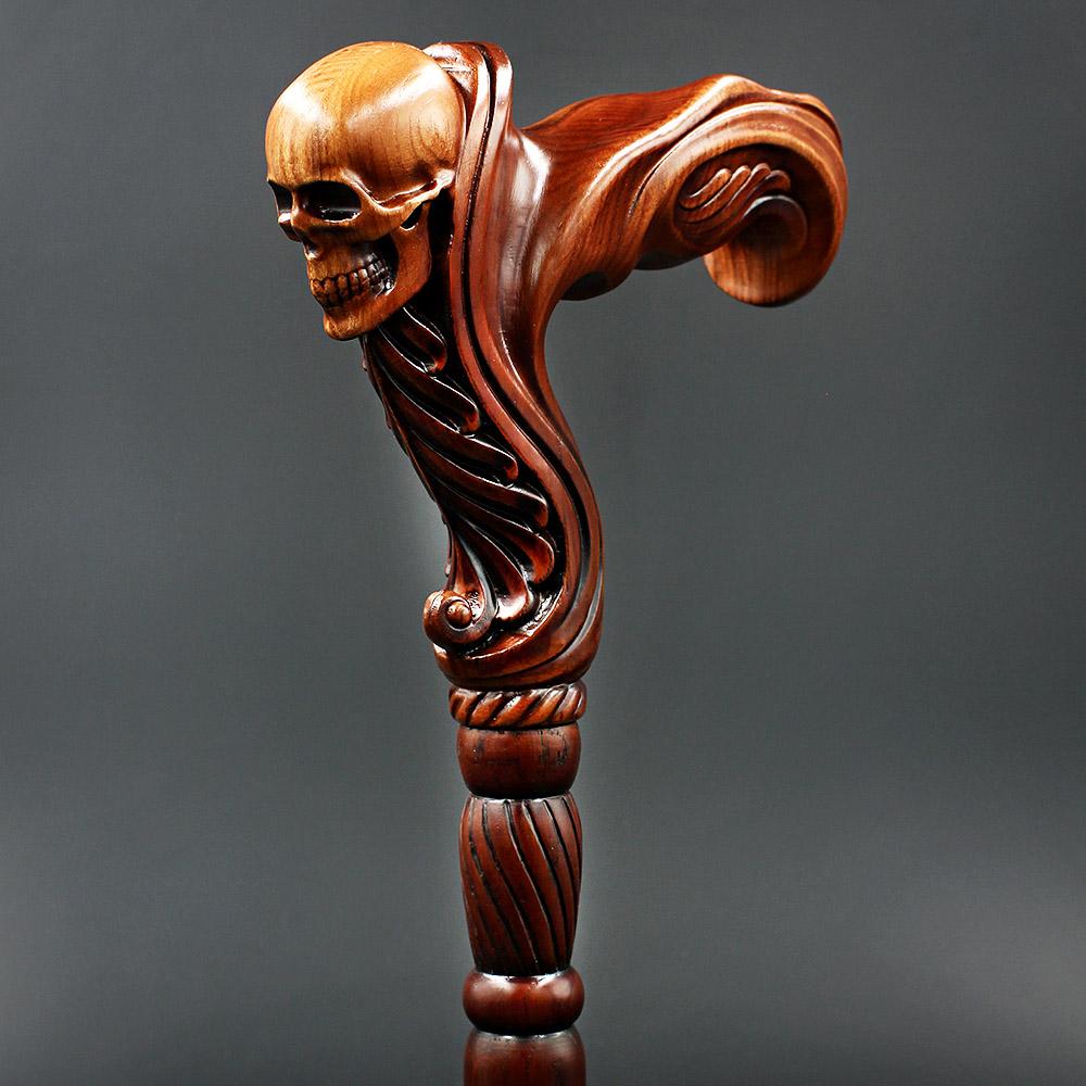 Skull Head: Artisan Intricate Handcarved Wood Cane (Right Hand) Cheap Pice Store