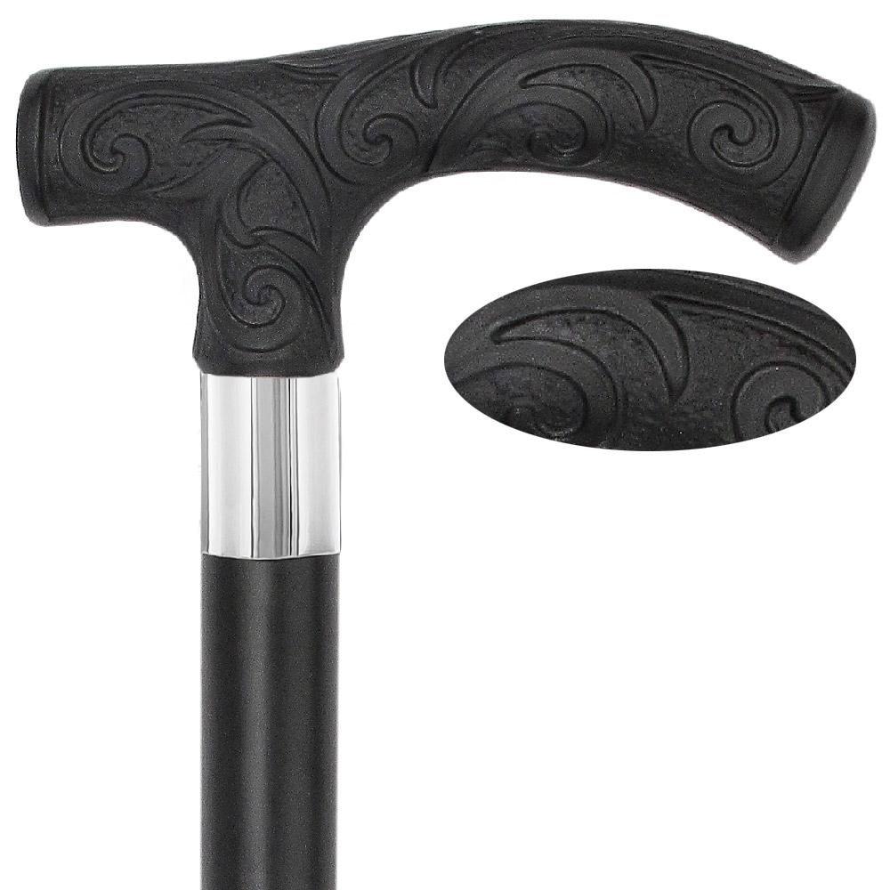 Scratch and Dent Carved Black Scroll Fritz Handled Cane - Italian Handle w/Black Beechwood Shaft and Aluminum Silver Collar V1929 Pictures Online