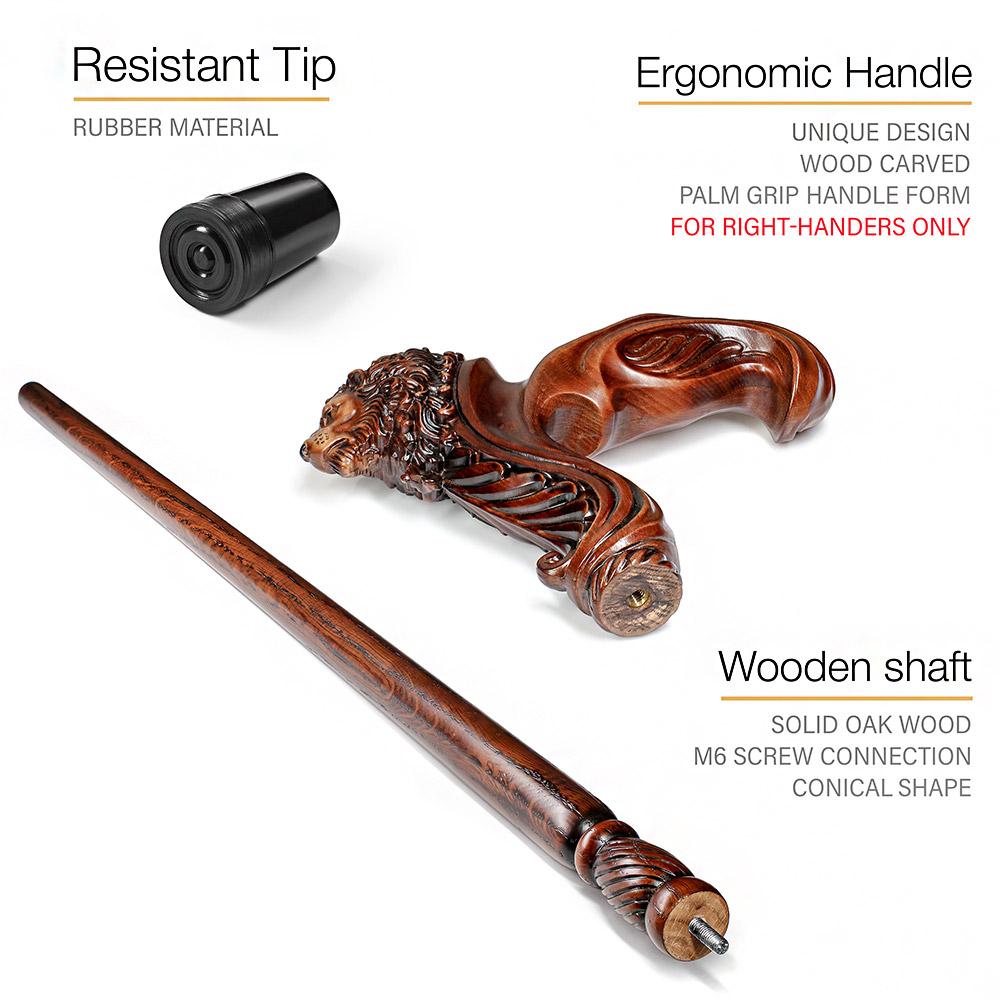 Lion Head: Artisan Intricate Handcarved Wood Cane (Right Hand) Limited Edition Sale Online