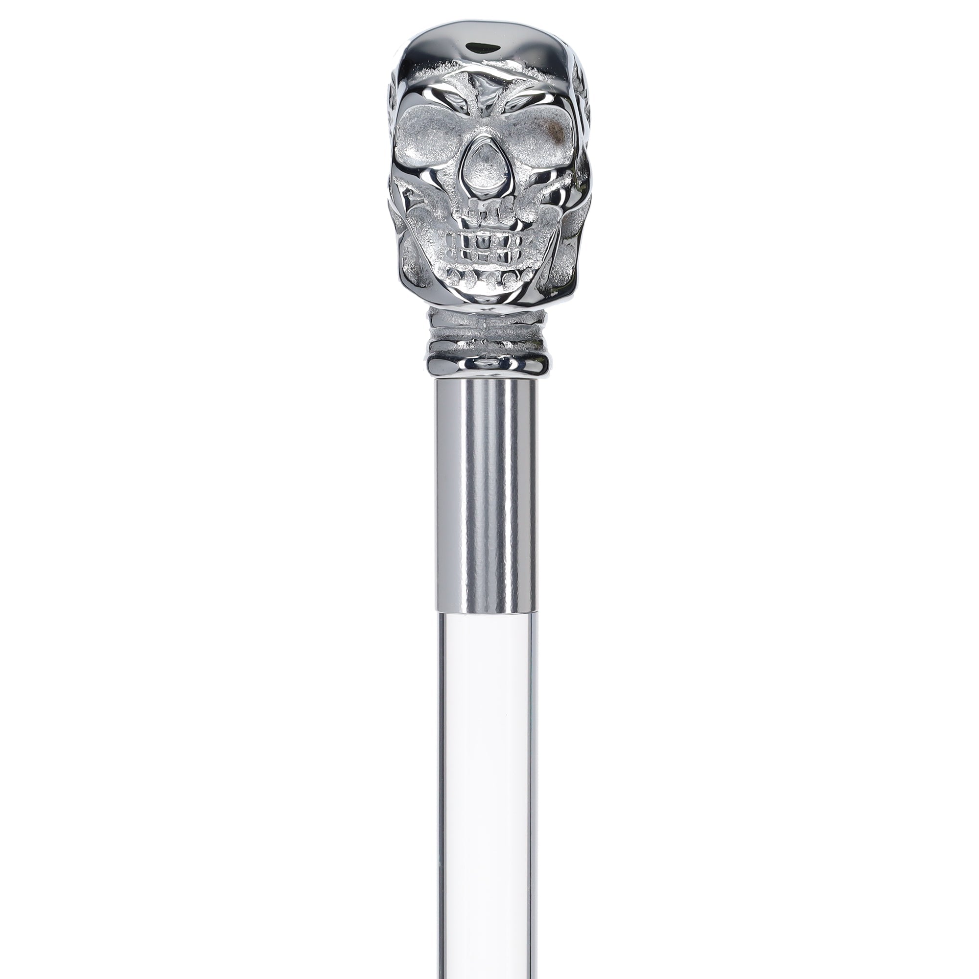 Scratch and Dent Chrome Plated Skull Handle Walking Cane w/ Lucite Shaft & Gold Collar V2058 Buy Cheap Hot Sale