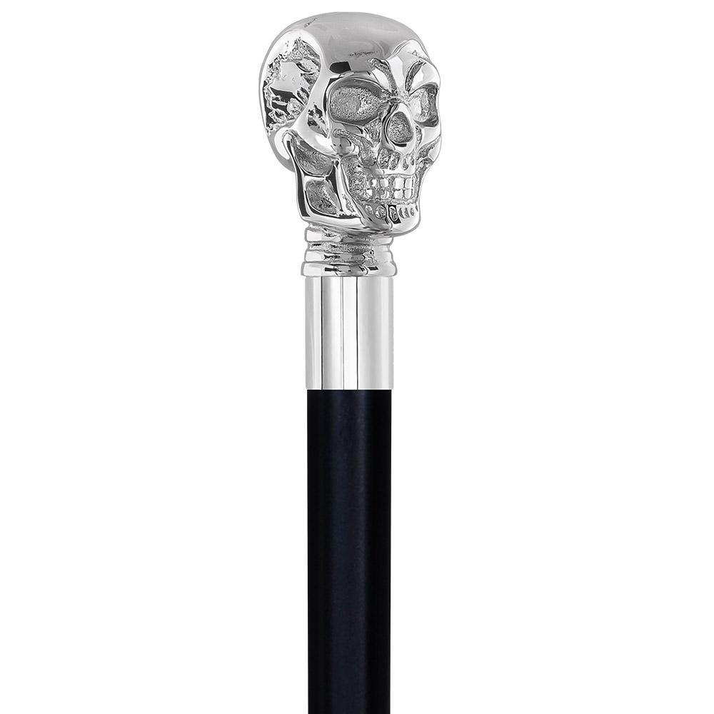 Skull Premium Chrome Brass Flask Cane: Wood Shaft Hidden Flask Outlet Cheap Online