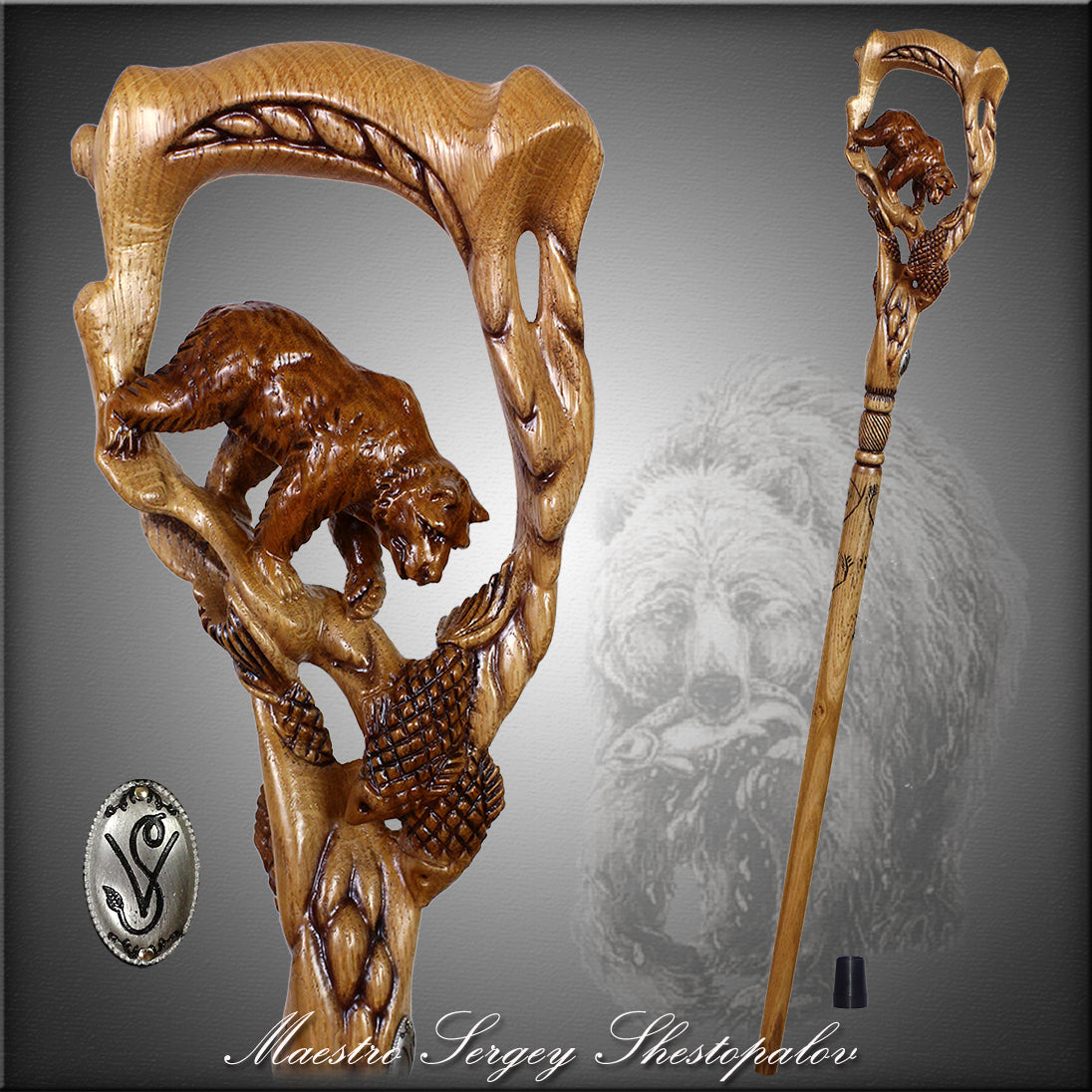 Artisan Grizzly & Salmon Hand-Carved Cane - Intricate Buy Cheap Shop