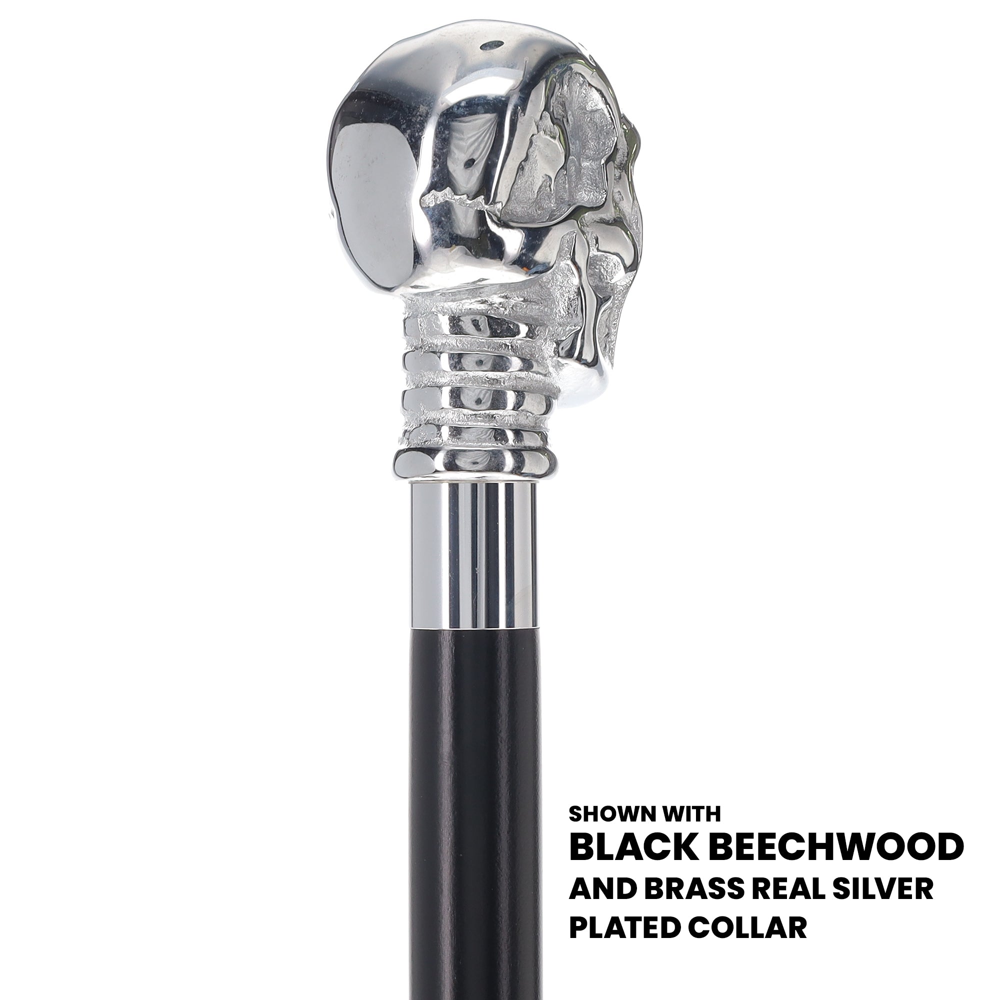 Scratch and Dent Chrome Plated Skull Handle Walking Cane w/ Black Beechwood Shaft and Brass Silver Collar V2035 Reliable For Sale