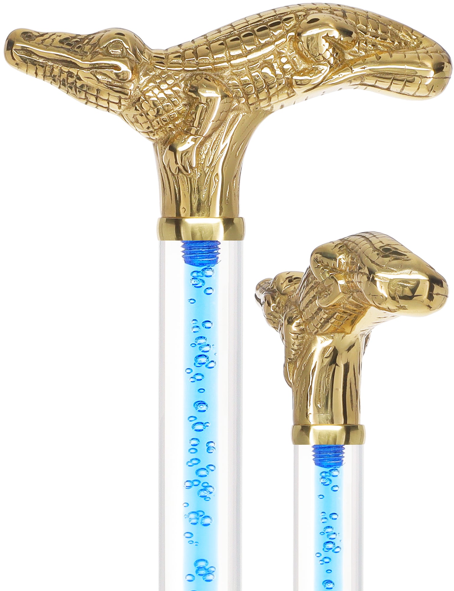 Color Crystal Elegance Brass Alligator Cane with Invisible Acrylic Shaft Options Release Dates