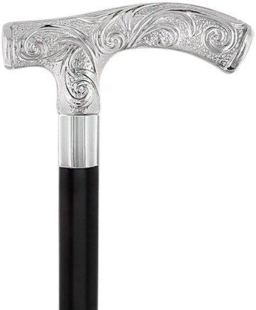 Scratch and Dent Carved Scroll Fritz Nickel Plated Handled Cane - Italian Handle w/Black Beechwood Shaft & Aluminum Silver Collar V2108 Geniue Stockist