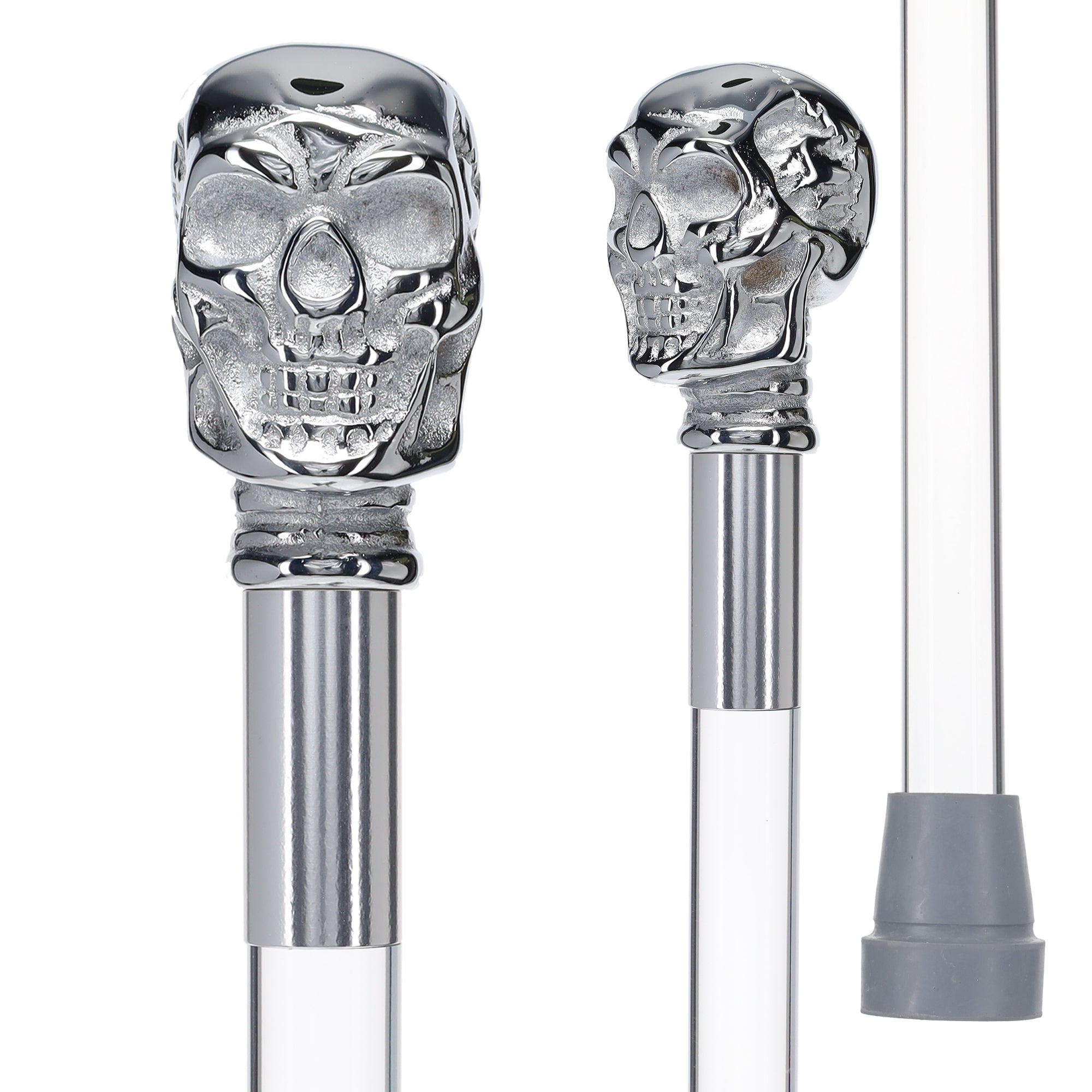 Scratch and Dent Chrome Plated Skull Handle Walking Cane w/ Lucite Shaft & Gold Collar V2058 Buy Cheap Hot Sale