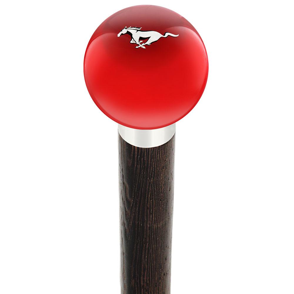 Licensed Mustang Horse Emblem Red Round Knob Cane w/ Custom Wood Shaft & Collar Clearance Store For Sale