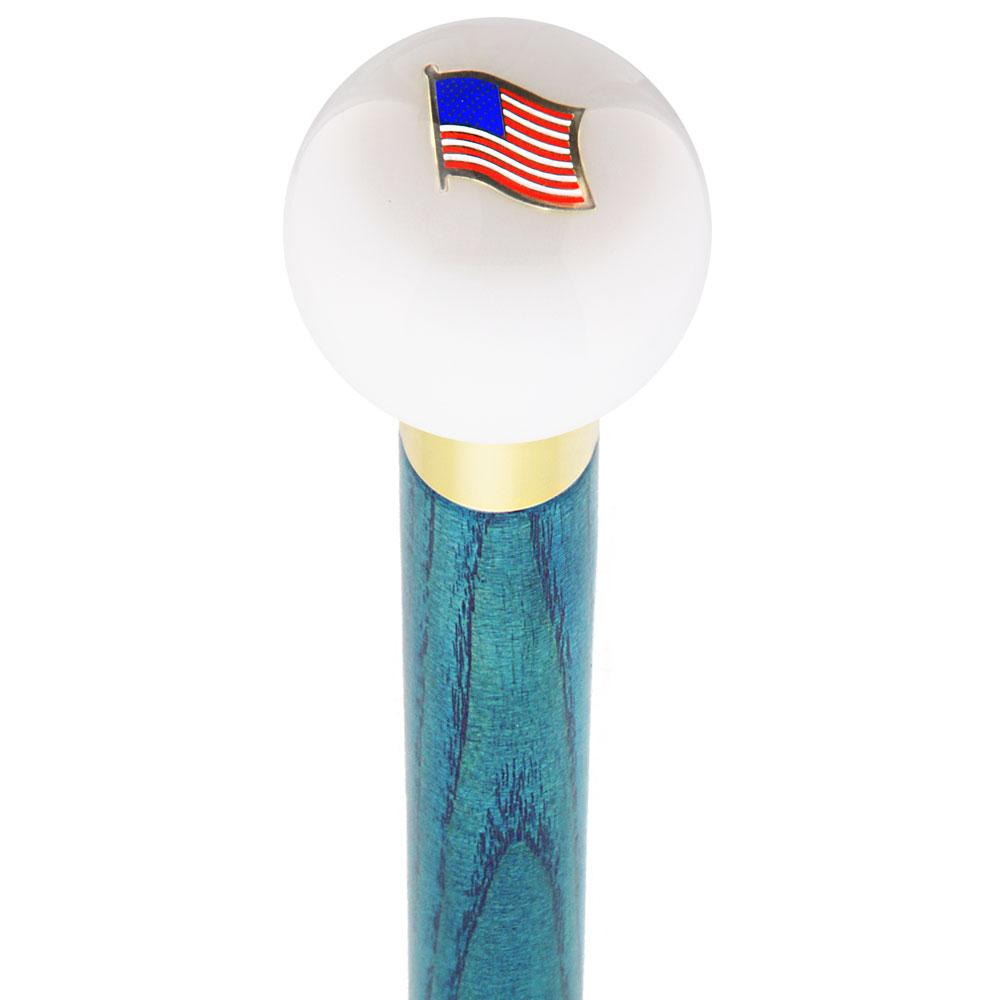 USA Flag White Round Knob Cane w/ Custom Color Ash Shaft & Collar For Cheap Pice