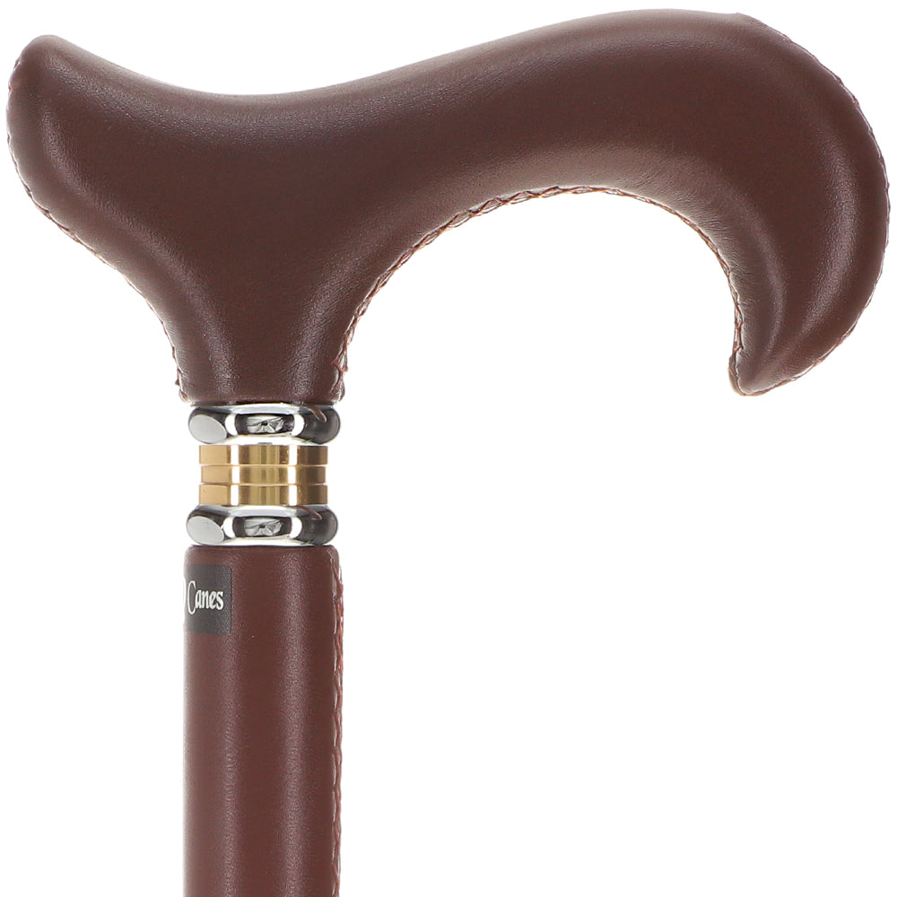 Scratch and Dent Brown Leather Wrapped Derby Walking Cane With Leather Shaft and Two Tone Collar V1266 Cheap Sale Manchester