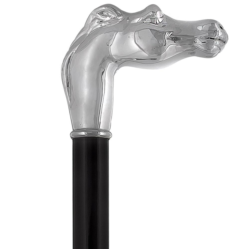 Scratch & Dent Silver 925r Horse Walking Cane with Black Beechwood Shaft and Collar V1837 Clearance Pictures