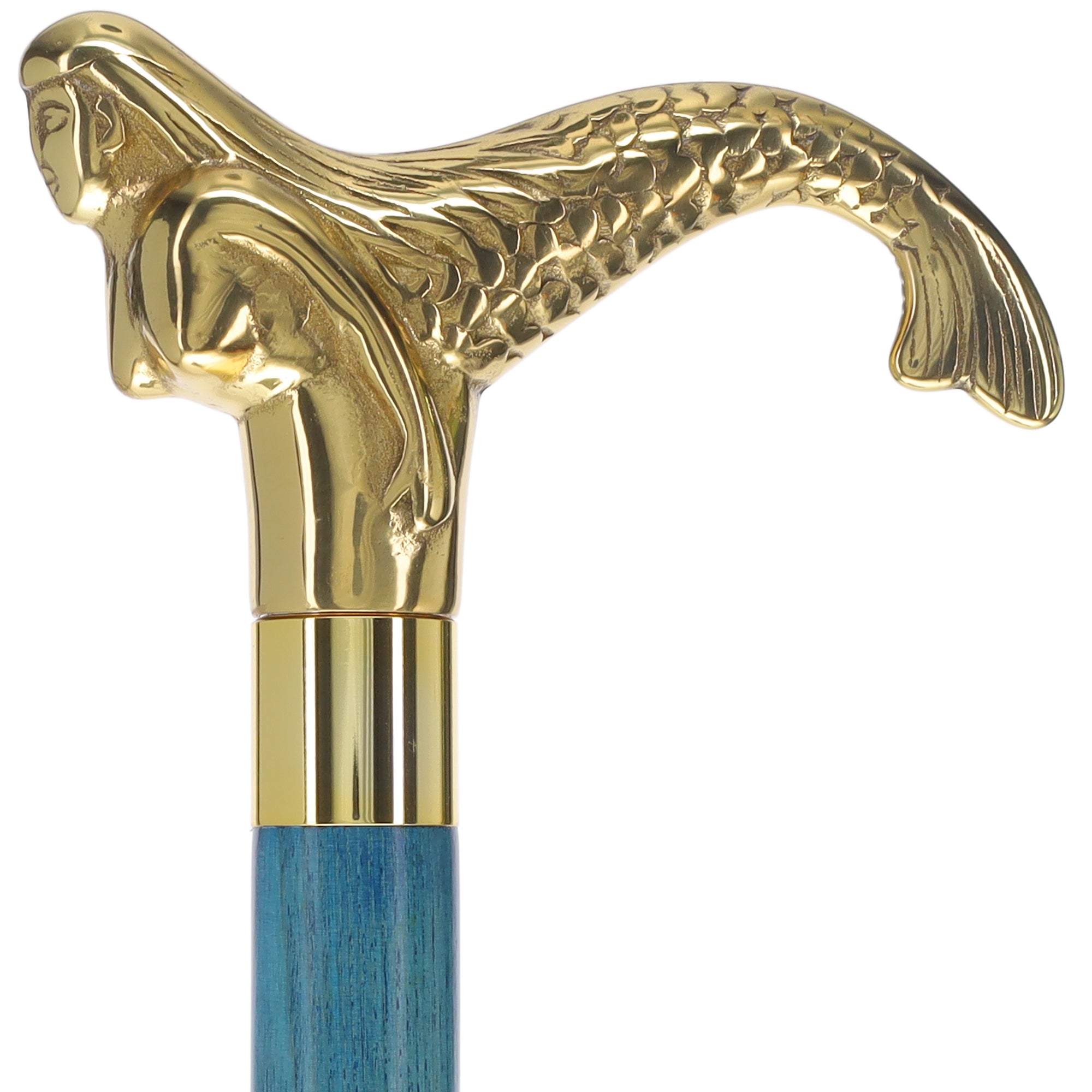 Brass Mermaid Handle Walking Cane w/ Custom Color Stained Ash Shaft & Collar Cheap Free Shipping