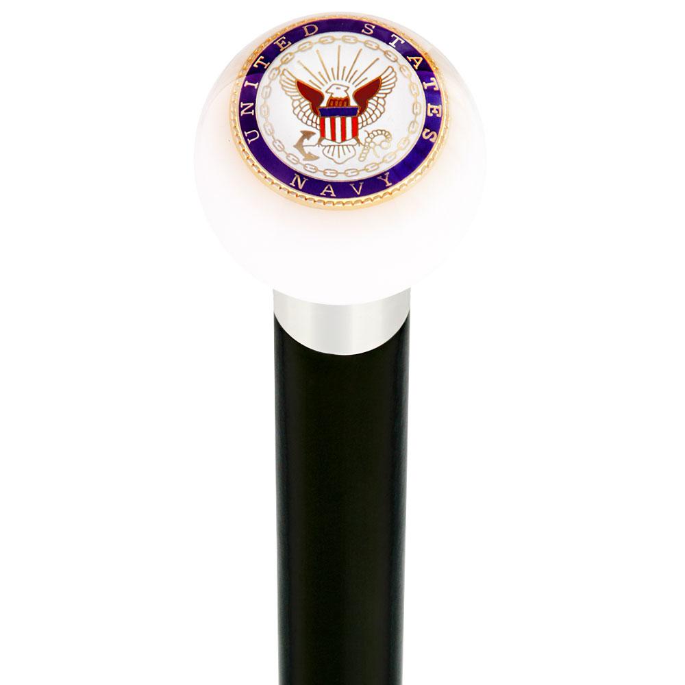 U.S. Navy White Round Knob Cane w/ Custom Wood Shaft & Collar Store Online