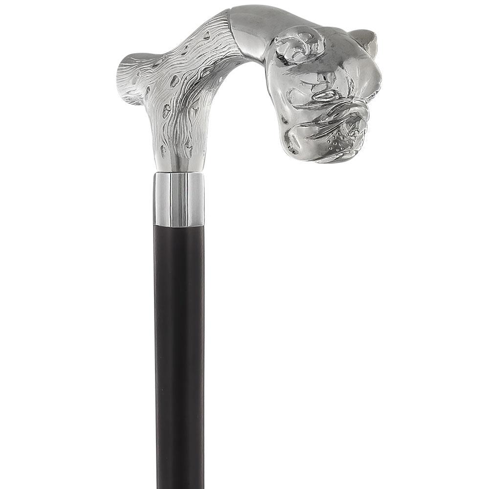 Strong & Courageous Bulldog Nickel Plated Fritz Handle Cane w/ Custom Shaft & Collar Pictures For Sale