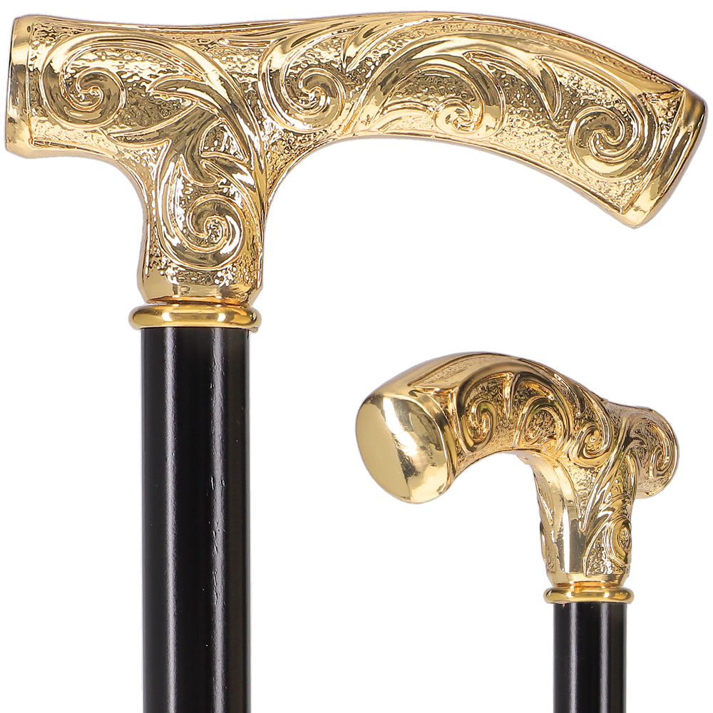 24K Gold Plated Embossed Fritz Handle Walking Cane with Black Beechwood Shaft and Collar Where To Buy Cheap Real