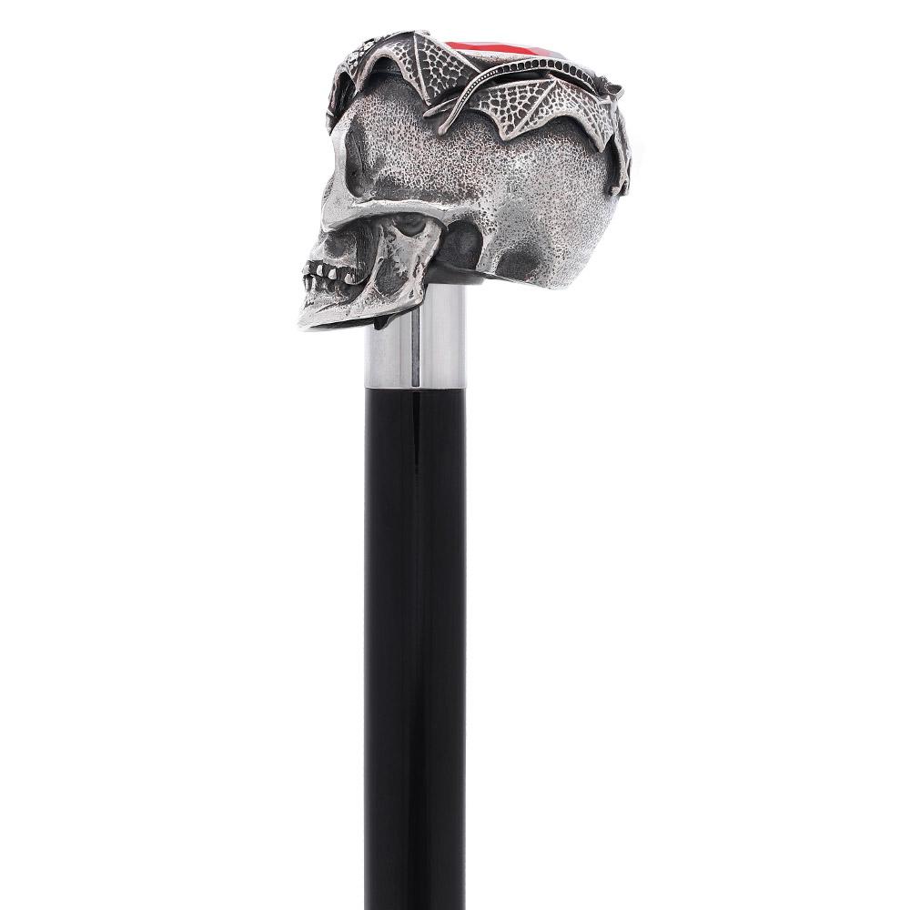 Silver 925r Ruby Red Skull and Bats Walking Cane w/ Black Beechwood Shaft Clearance With Mastercard