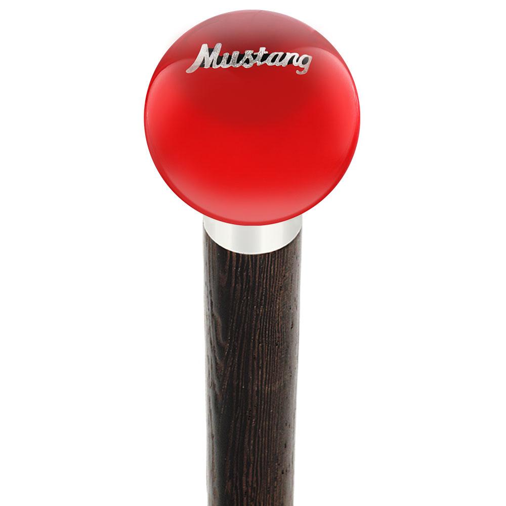 Licensed Mustang Vintage Emblem Red Round Knob Cane w/ Custom Wood Shaft & Collar Reliable Online