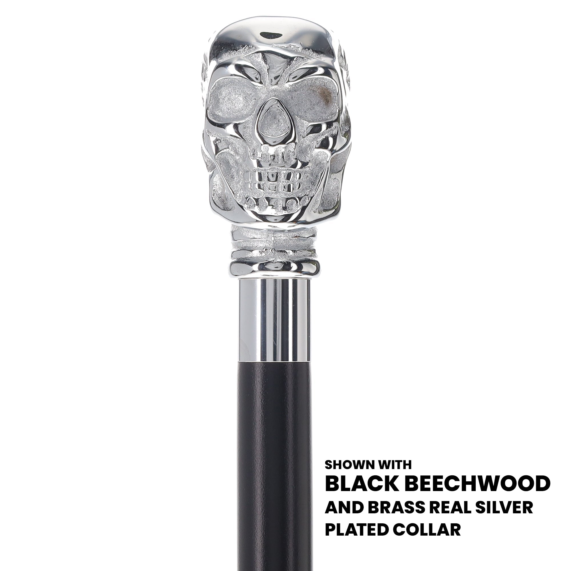 Scratch and Dent Chrome Plated Skull Handle Walking Cane w/ Black Beechwood Shaft and Brass Silver Collar V2035 Reliable For Sale