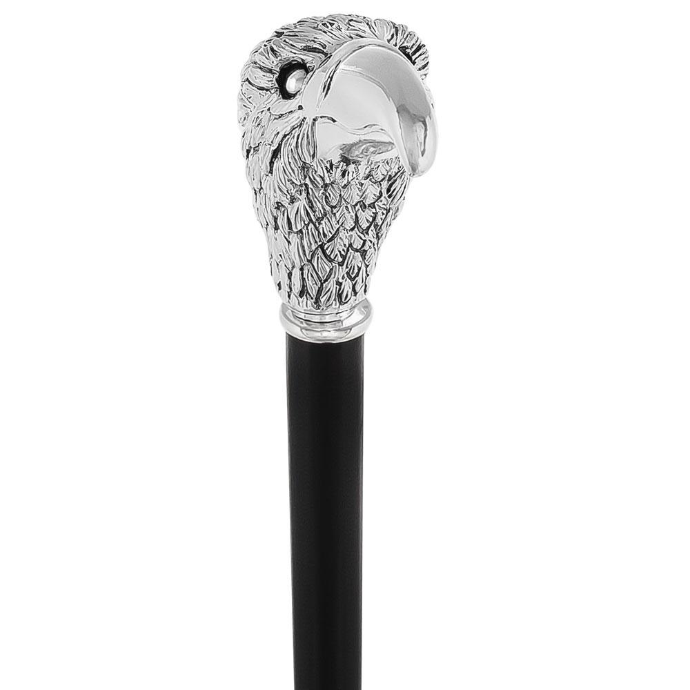 Scratch and Dent Silver 925r Hawk Head Walking Cane with Stained Beechwood Shaft and Collar V1932 Sale With Credit Card