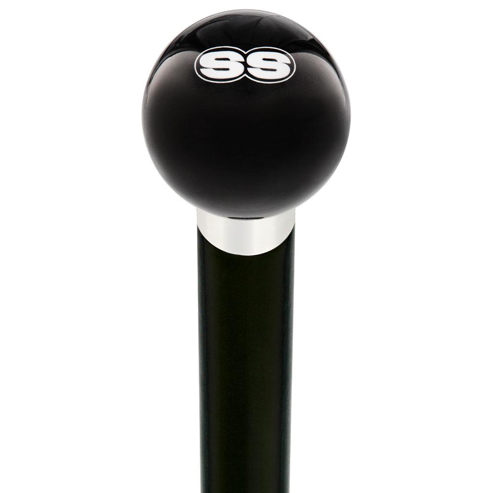 SS Car Emblem Black Round Knob Cane w/ Custom Wood Shaft & Collar Great Deals Cheap Pice