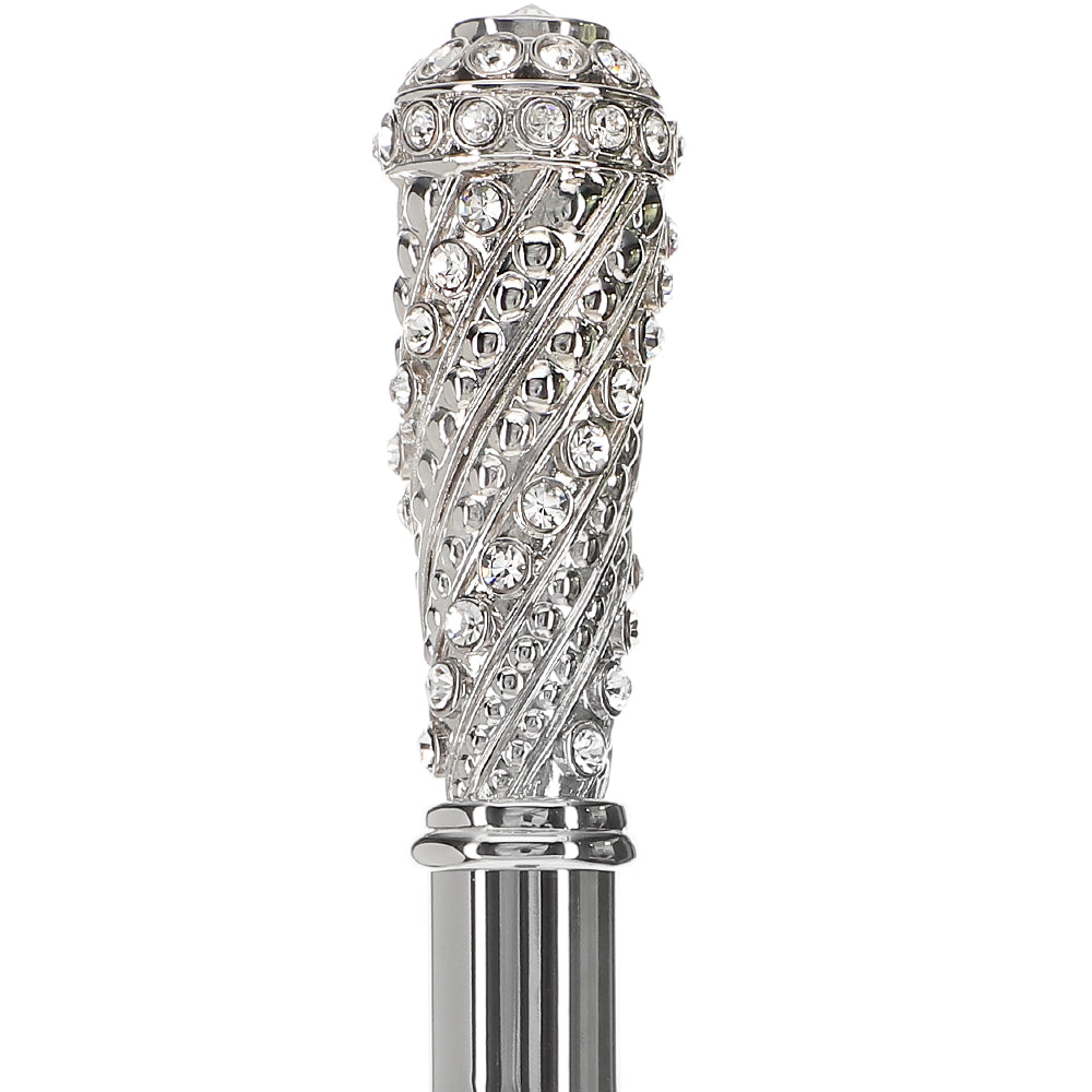 Silver 925r Swarovski Crystal Encrusted Elongated Knob Walking Stick with Black Beechwood Shaft Free Shipping For Cheap