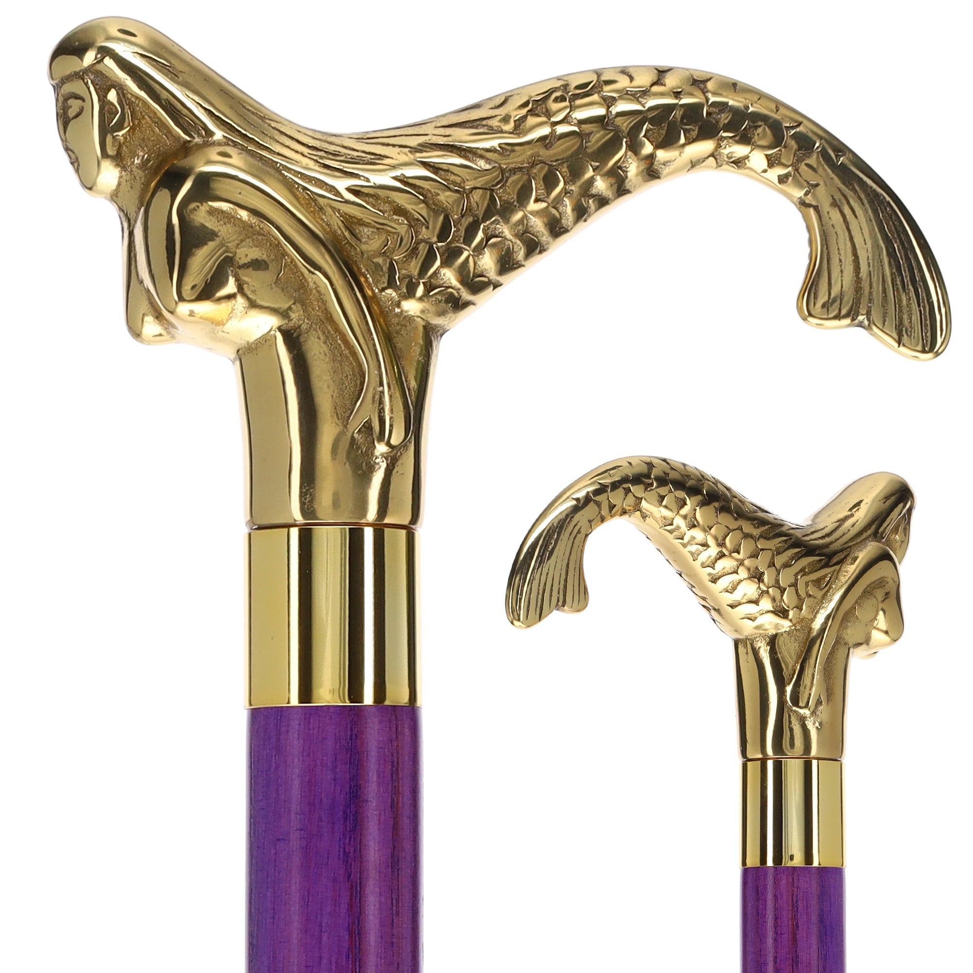 Brass Mermaid Handle Walking Cane w/ Custom Color Stained Ash Shaft & Collar Cheap Free Shipping