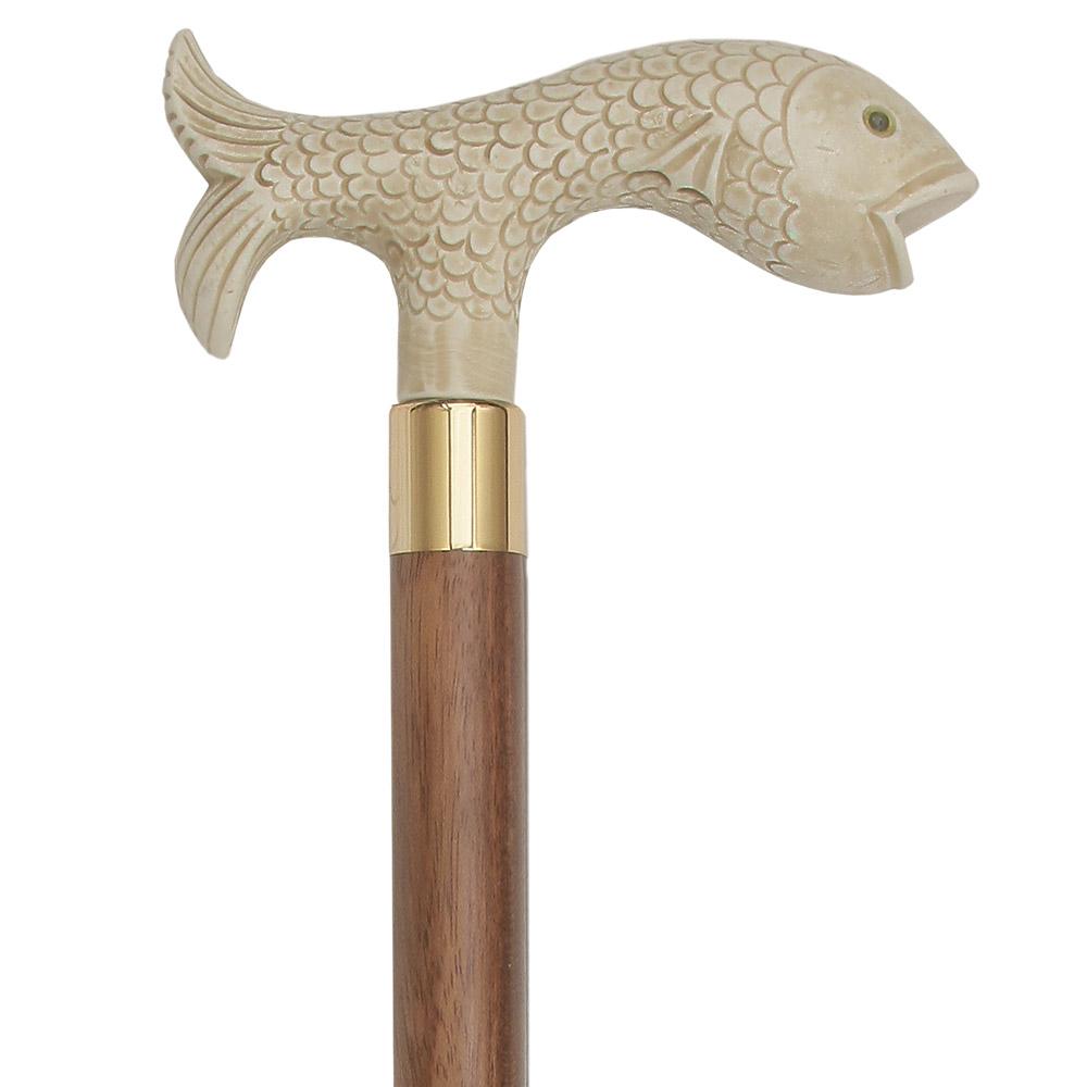 Scratch and Dent Faux Ivory Fish Handle Walking Cane-Italian Handle w/ Brown Beechwood Shaft and Brass Gold Collar V2252 Cheap Best Store To Get