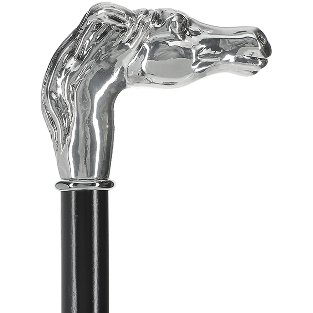 Silver 925r Horse Walking Cane with Black Beechwood Shaft and Collar Perfect Sale Online