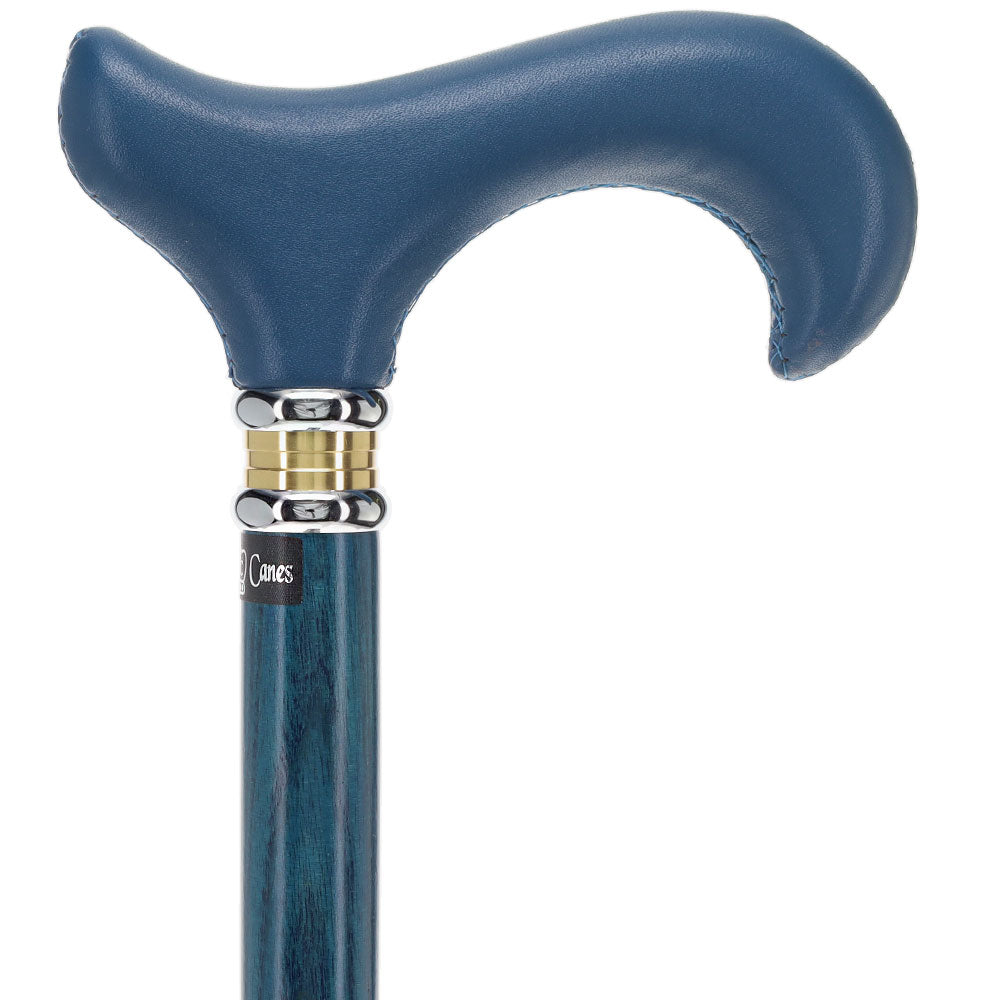 Blue Leather Derby Walking Cane With Blue Stained Ash Wood Shaft and Two-tone Collar Outlet Wiki