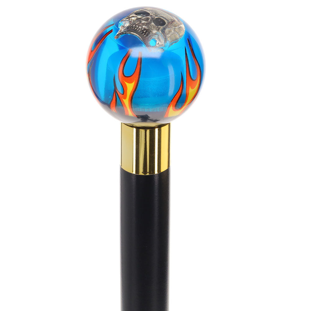 Blue Flame with Skull Round Knob Cane w/ Custom Color Ash Shaft & Collar Free Shipping Cost