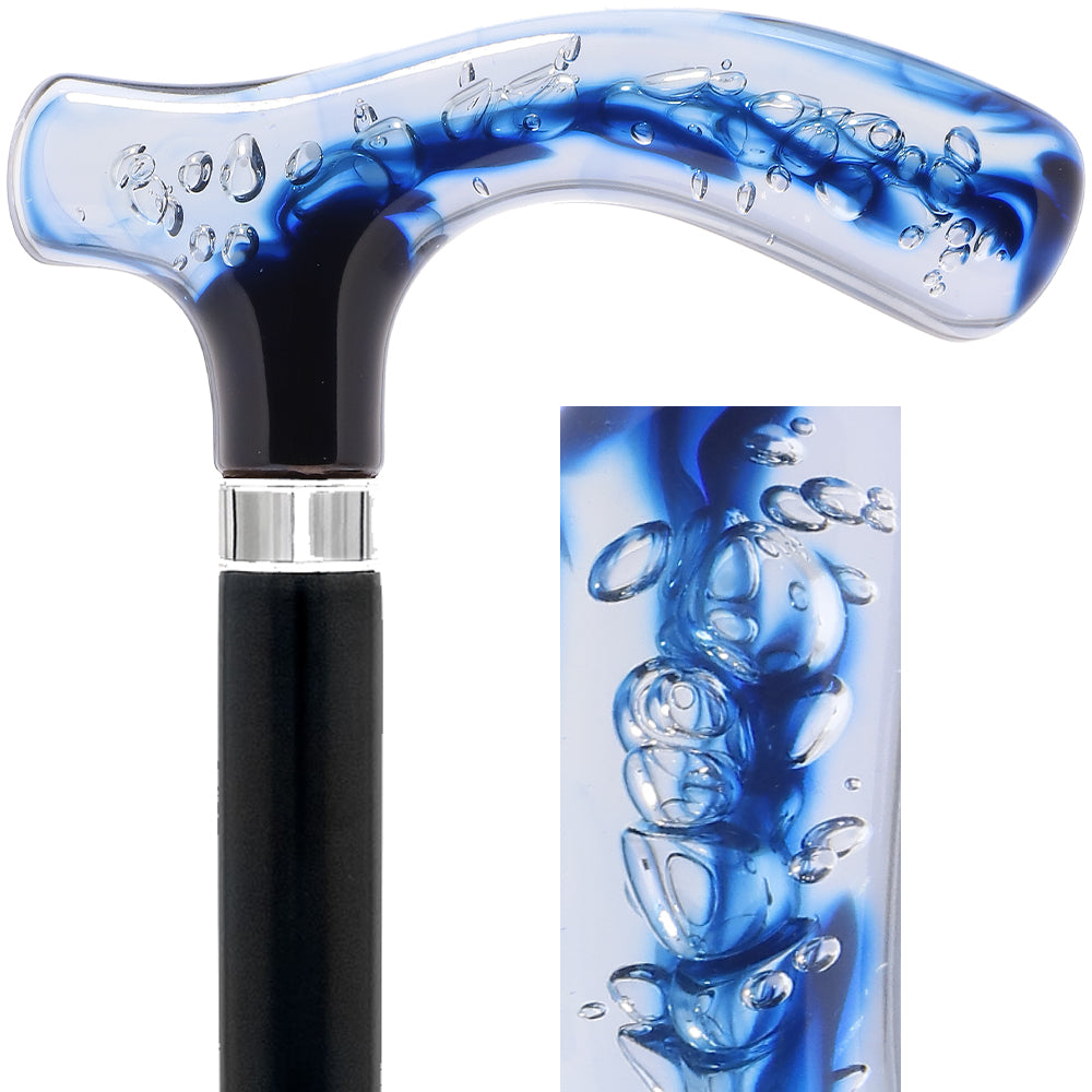 Blue & Clear Acrylic Bubble Handle Cane - Custom Wooden Shaft Professional