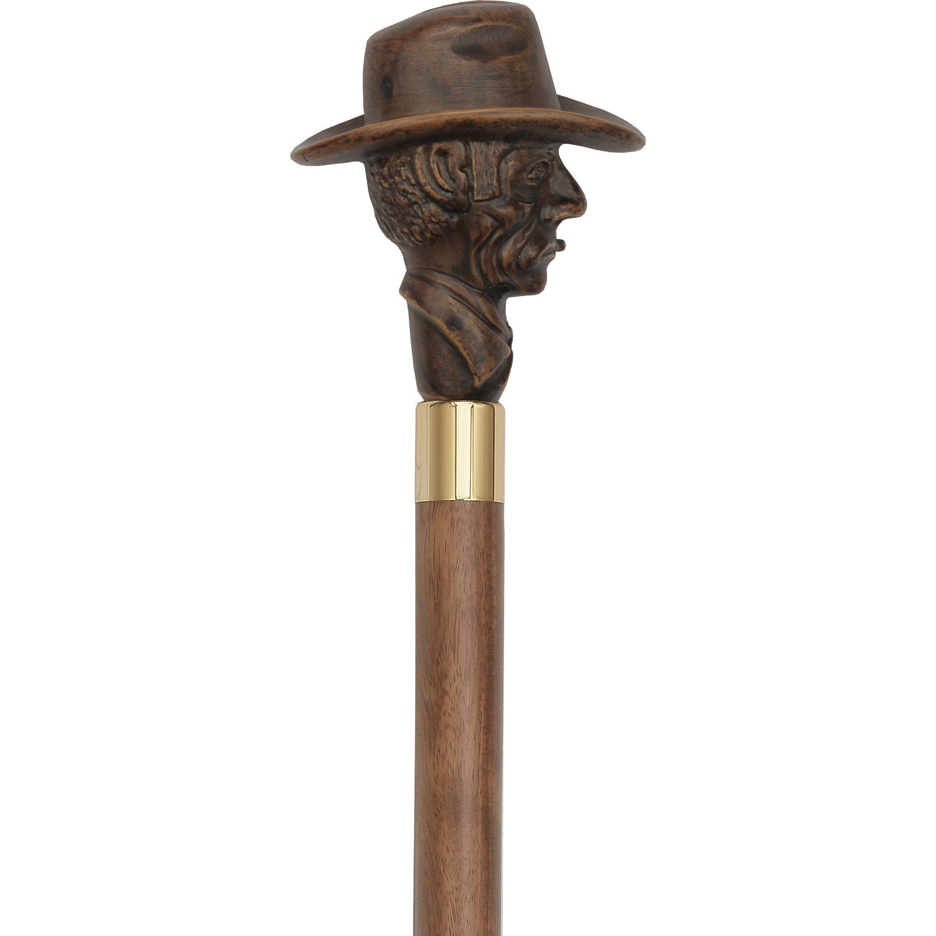 Brown Cowboy with Hat Imitation Wood Cane -Italian Handle w/Custom Shaft and Collar Manchester