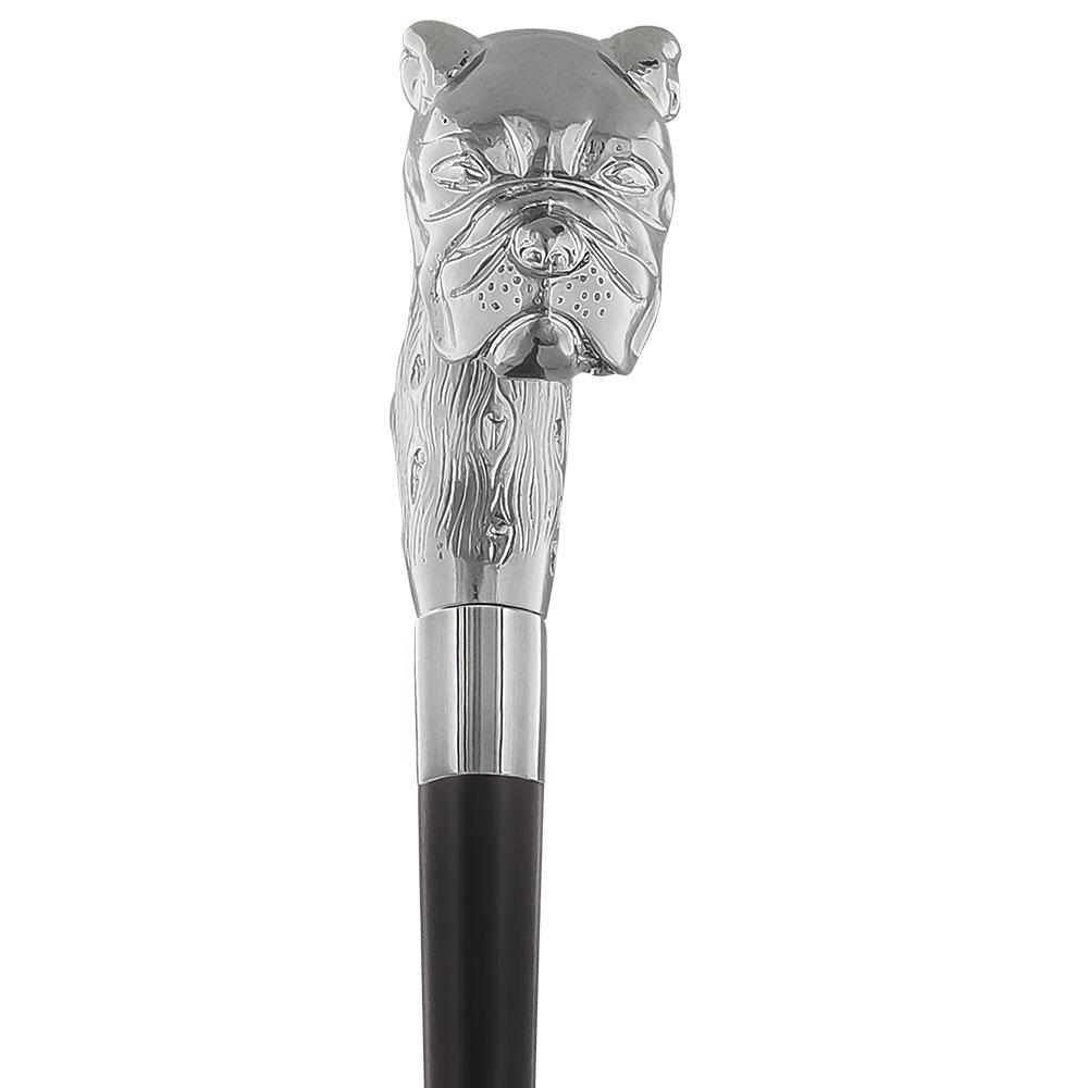 Strong & Courageous Bulldog Nickel Plated Fritz Handle Cane w/ Custom Shaft & Collar Pictures For Sale