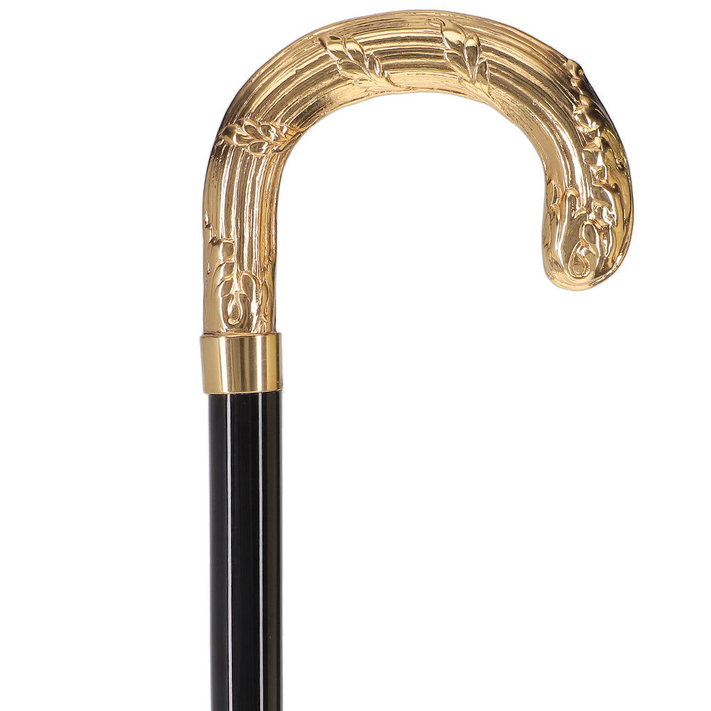 24K Gold Plated Ribbed Wheat Tourist Handle Walking Cane with Black Beechwood Shaft and Collar Outlet Shop