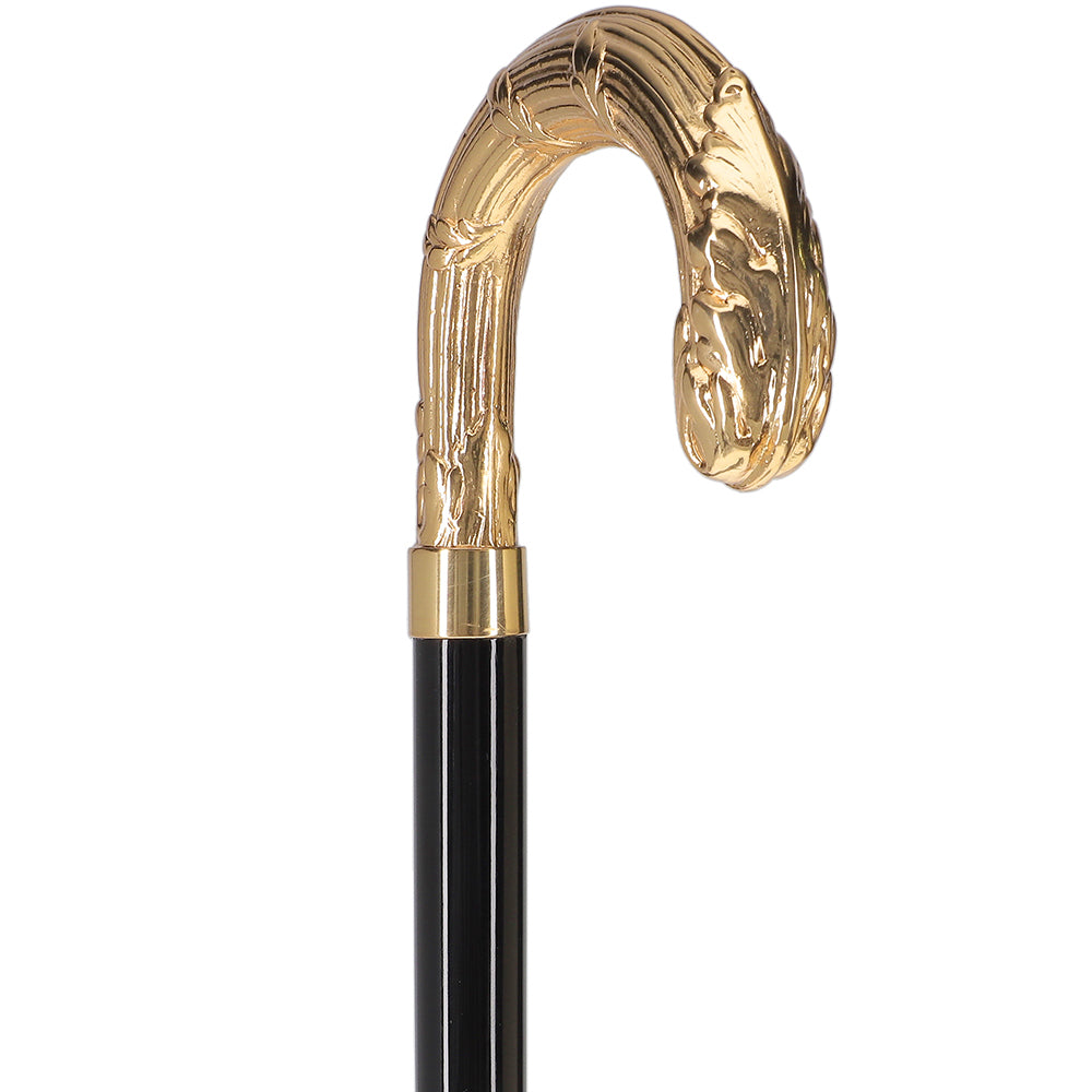 24K Gold Plated Ribbed Wheat Tourist Handle Walking Cane with Black Beechwood Shaft and Collar Outlet Shop