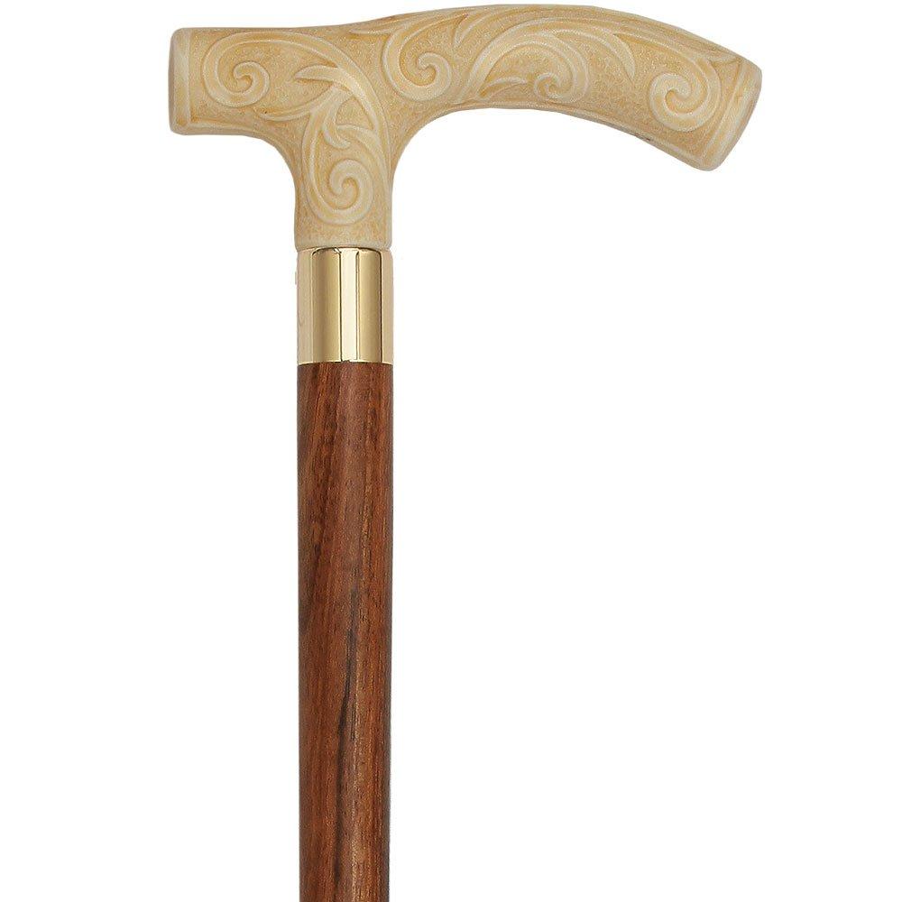 Scratch and Dent Carved Faux Ivory Scroll Fritz Handled Cane - Italian Handle w/ White Beechwood Shaft and Brass Silver Collar V3232 Cheap Sale Footaction