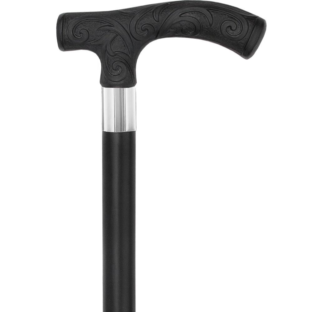 Scratch and Dent Carved Black Scroll Fritz Handled Cane - Italian Handle w/Black Beechwood Shaft and Aluminum Silver Collar V1929 Pictures Online