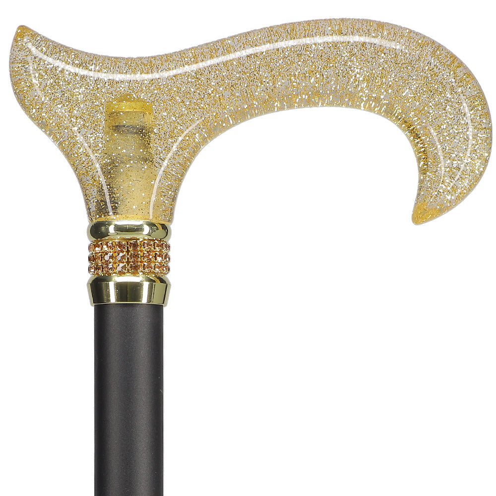 Gold Sparkle Designer Glitter Derby Handle Walking Cane w/ Rhinestone Collar Great Deals Sale Online