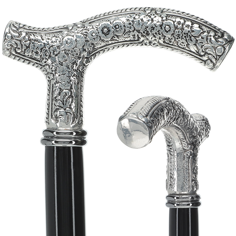 Scratch and Dent Downton Abbey Inspired - Silver 925r Petite Embossed Fritz Handle Walking Cane V2020 Low Pice For Sale