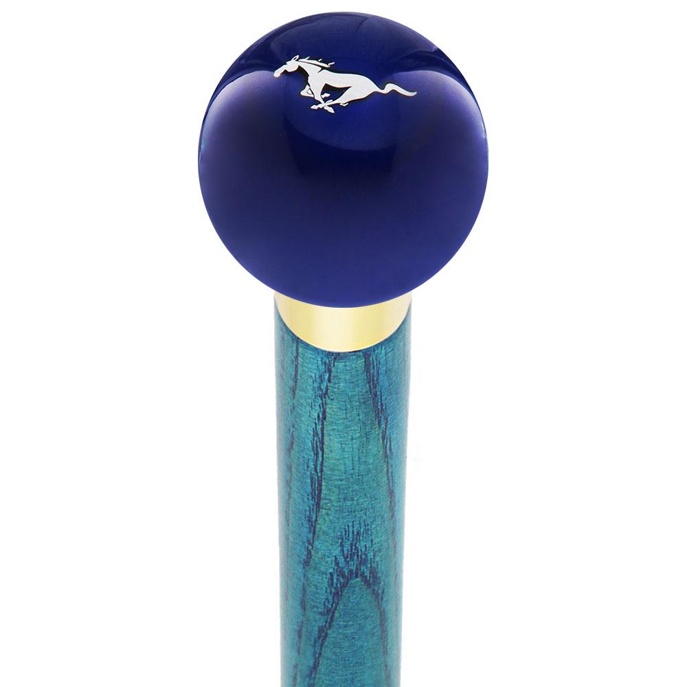 Licensed Mustang Horse Emblem Dark Blue Round Knob Cane w/ Custom Color Ash Shaft & Collar Official Site Cheap Online