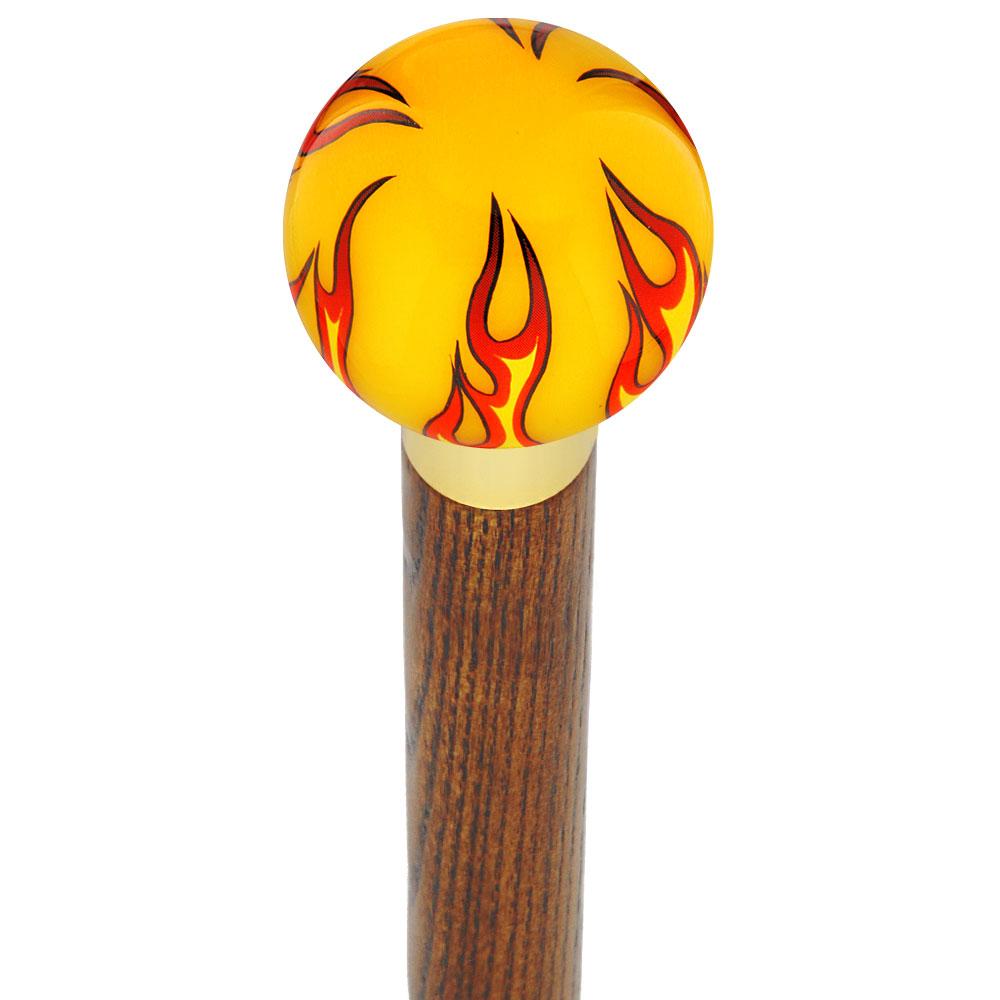 Burst of Flames Yellow Round Knob Cane w/ Custom Color Ash Shaft & Collar Original Cheap Pice