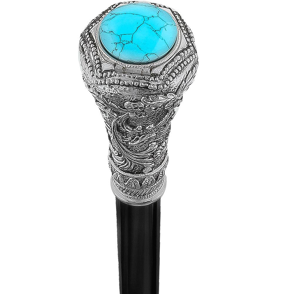 Scratch and Dent Silver 925r Knob Handle Walking Cane w/ Black Beechwood Shaft and Blue Stone Pillbox V2104 Cheap Sale How Much