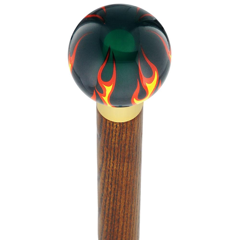 Burst of Flames Green Transparent Round Knob Cane w/ Custom Wood Shaft & Collar Sale Visa Payment