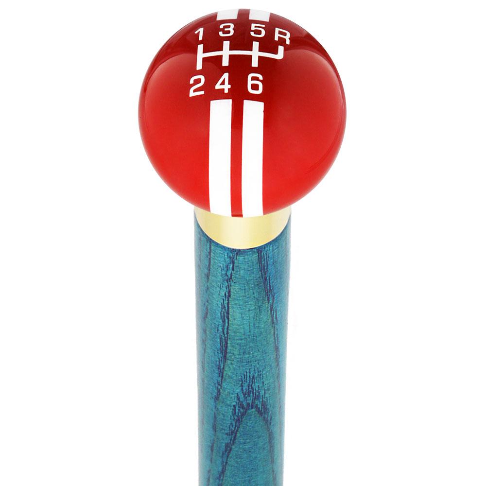 Red & White Rally Shift Round Knob Cane w/ Custom Color Ash Shaft & Collar Clearance Pices