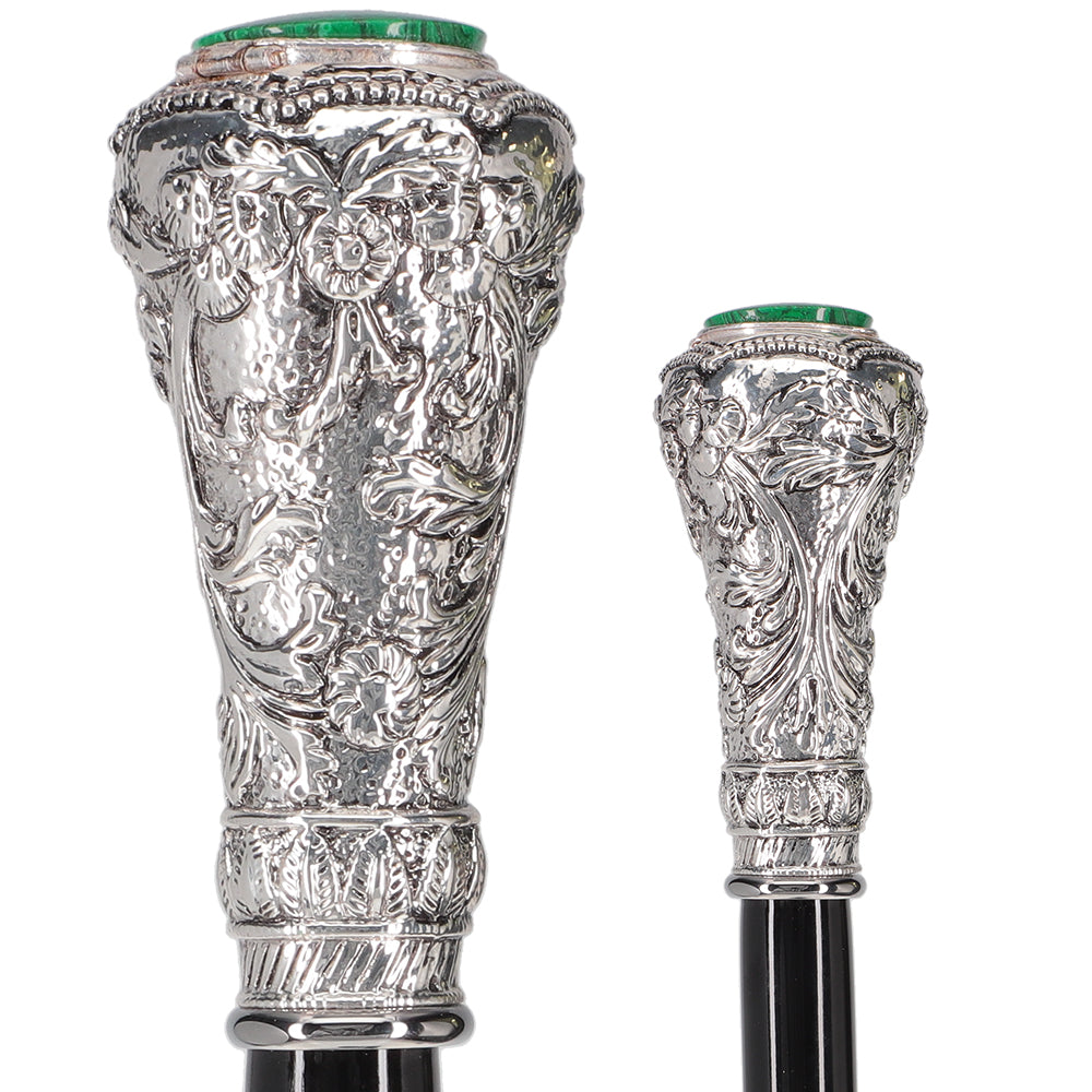 Silver 925r Knob Handle Walking Cane w/ Black Beechwood Shaft and Green Stone Pillbox Discount Hot Sale