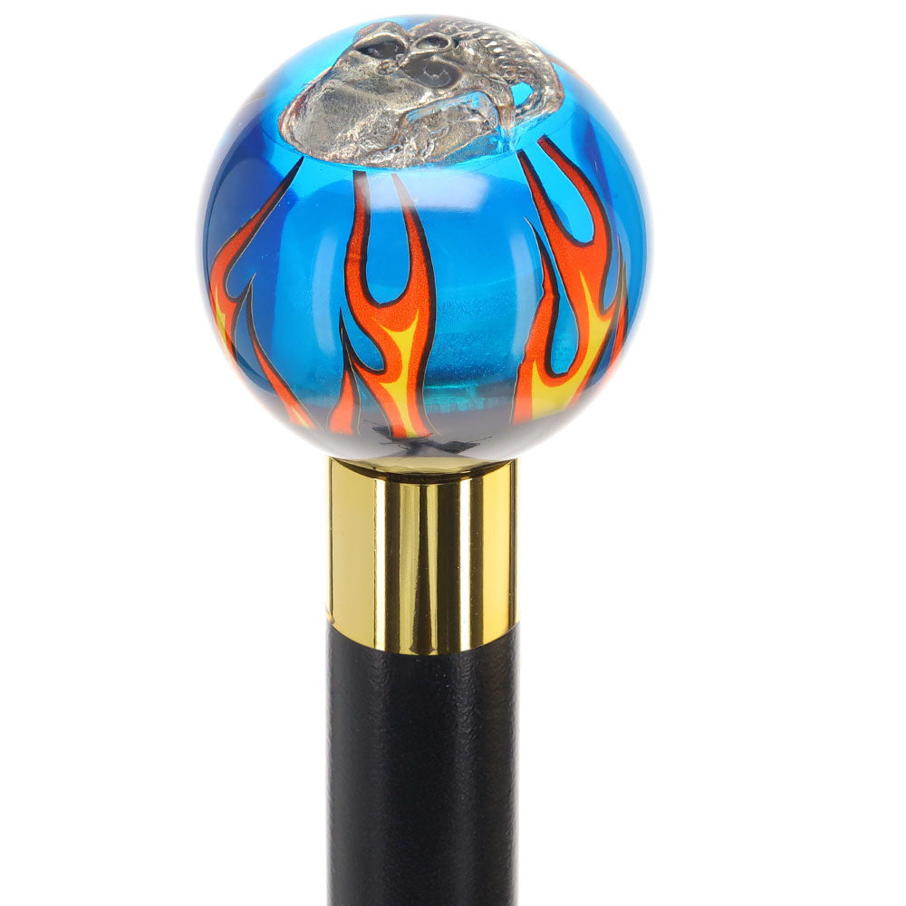 Blue Flame with Skull Round Knob Cane w/ Custom Wood Shaft & Collar Grey Outlet Store Online