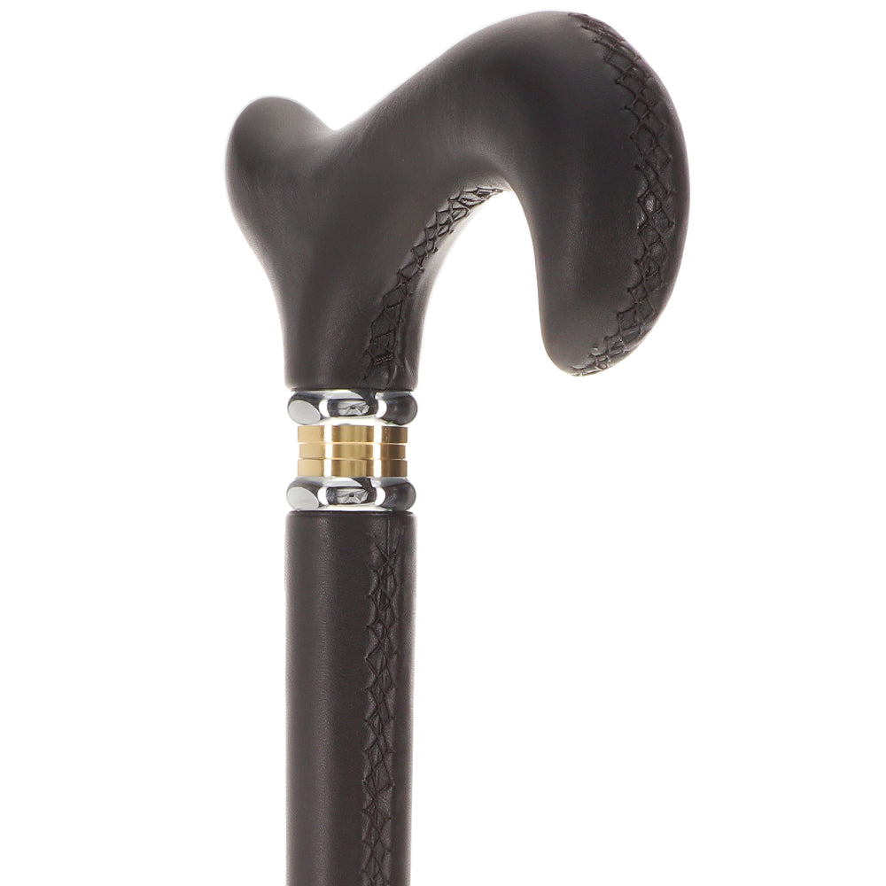 Scratch and Dent Black Leather Wrapped Derby Walking Cane With Leather Shaft and Two Tone Collar V1232 Online Online Cheap Pice