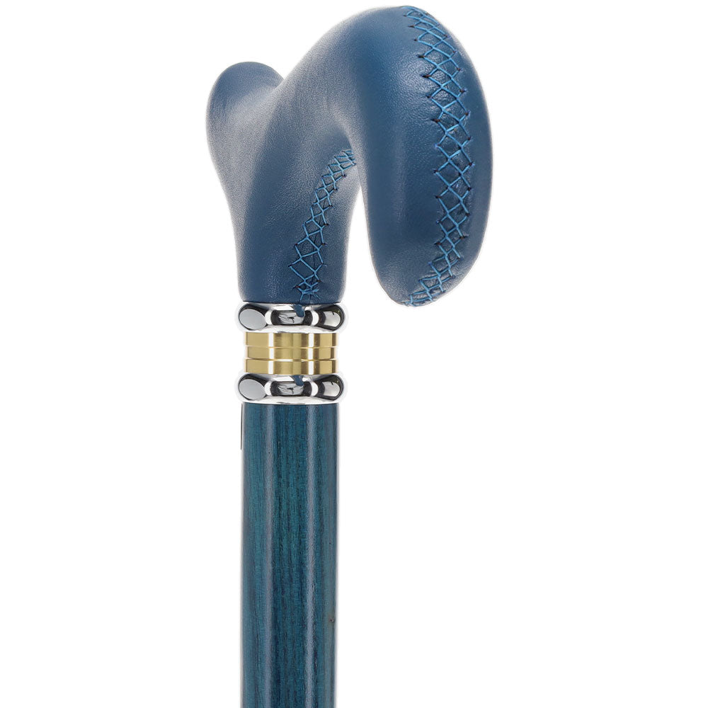 Blue Leather Derby Walking Cane With Blue Stained Ash Wood Shaft and Two-tone Collar Outlet Wiki