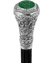 Scratch and Dent Silver 925r Knob Handle Walking Cane w/ Black Beechwood Shaft and Green Stone Pillbox V2080 Low Cost For Sale