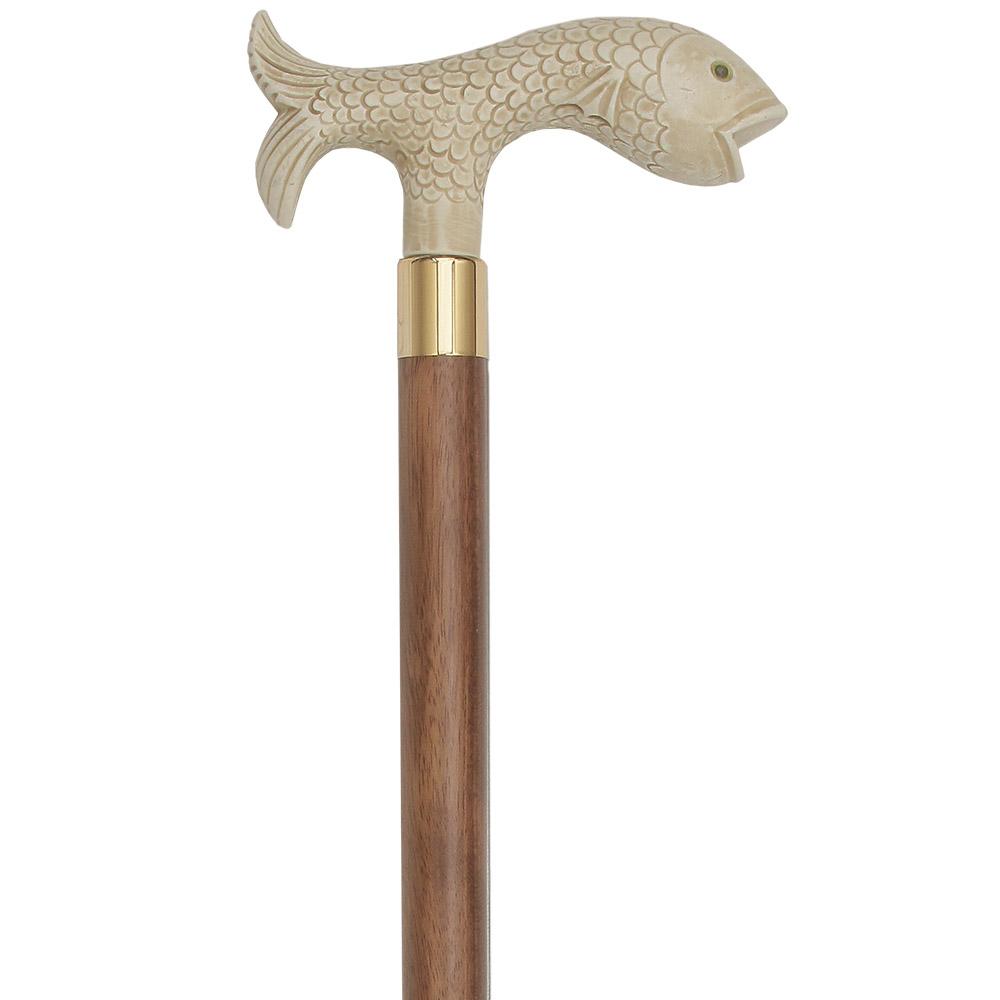 Scratch and Dent Faux Ivory Fish Handle Walking Cane-Italian Handle w/ Brown Beechwood Shaft and Brass Gold Collar V2252 Cheap Best Store To Get