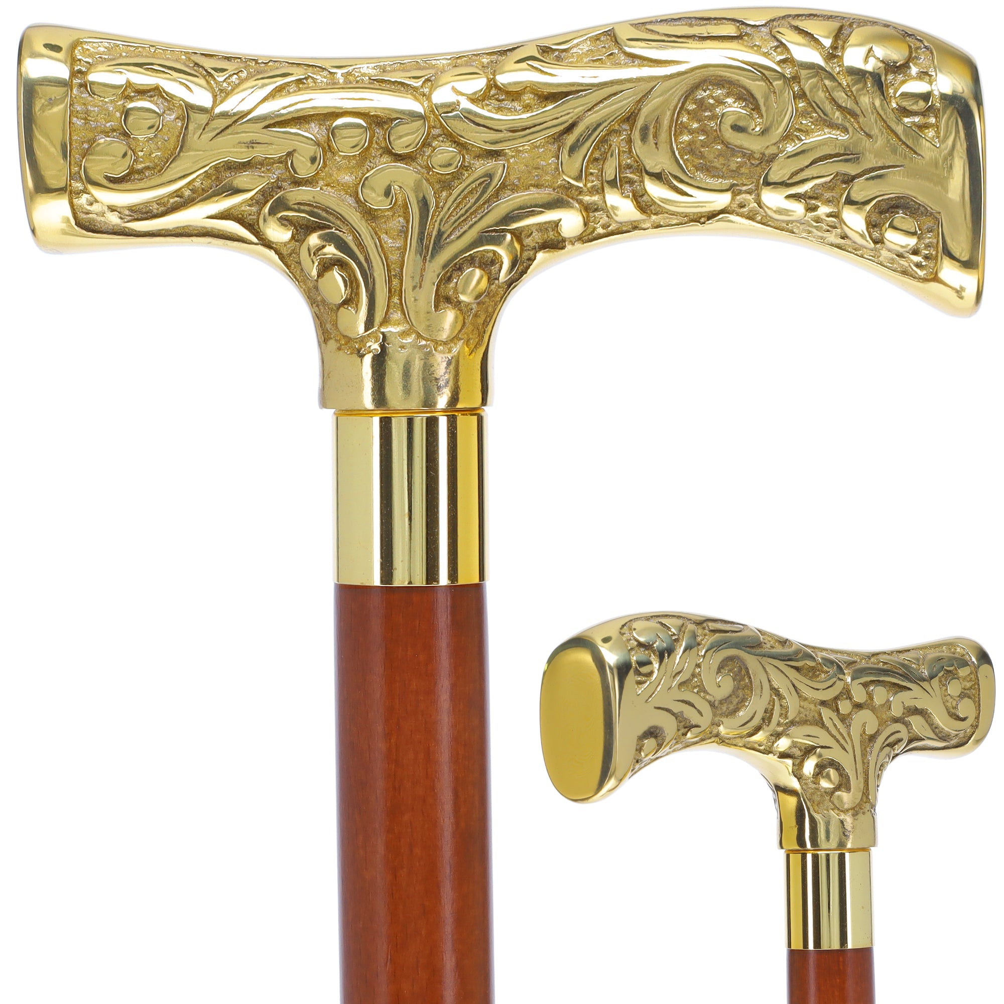 Scratch and Dent Brass T Shaped Handle Walking Cane w/ Wenge Shaft and Brass Gold Collar V3205 High Quality Cheap Pice